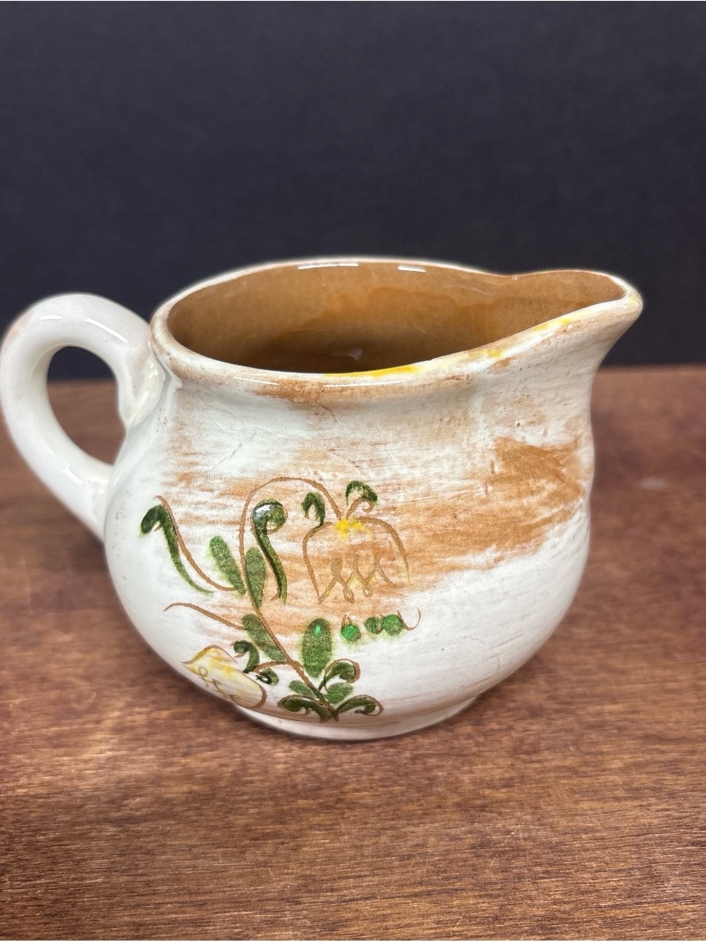 Hand-Painted Ceramic Creamer Pitcher - White and Brown Floral